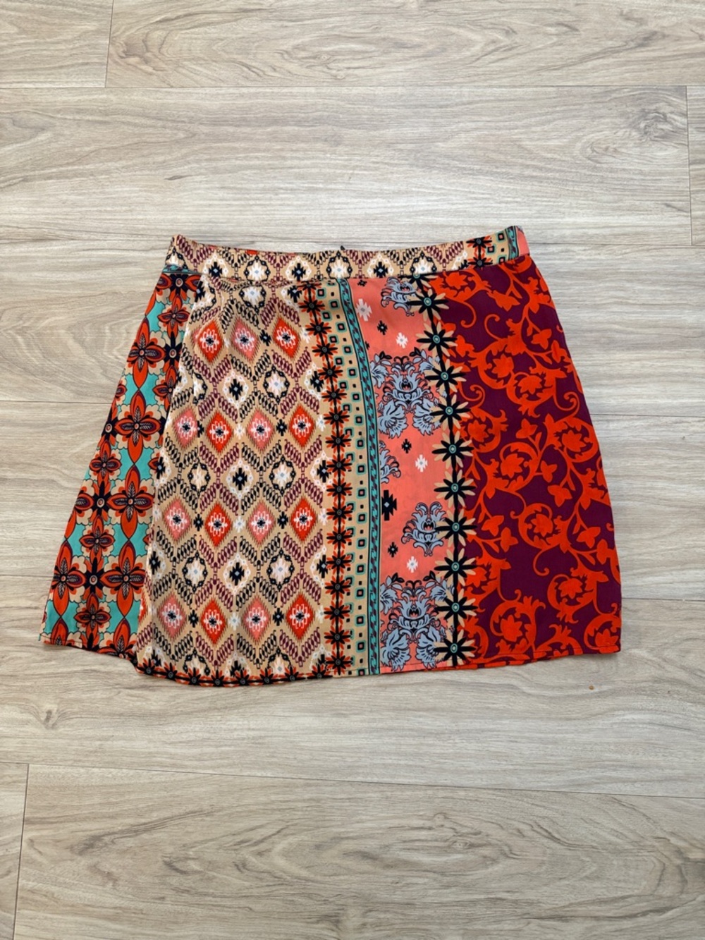 Sakura Multicolor Patchwork Mini Skirt - Red, Teal, Cream